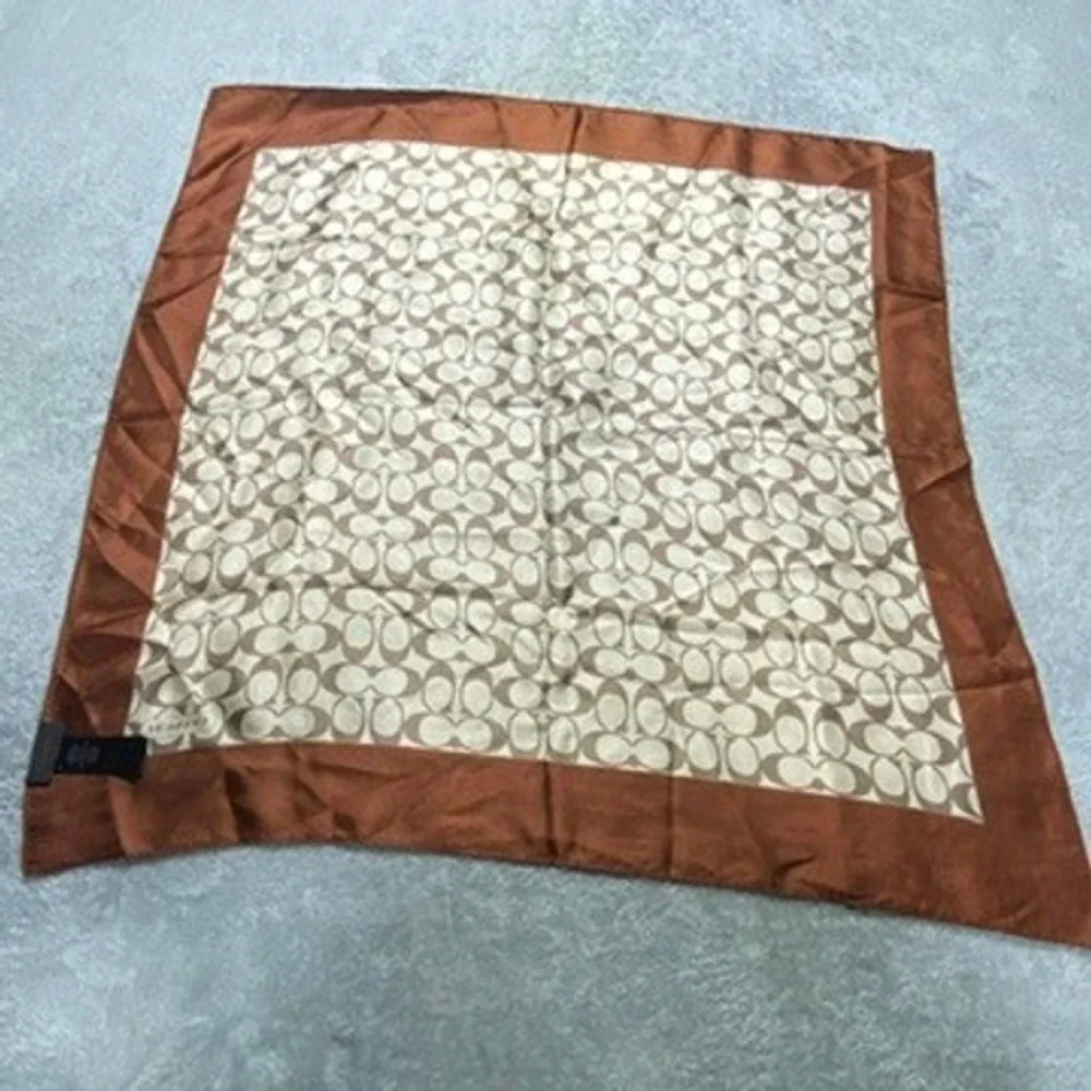 Coach Womens 21x21 Scarf Silk Signature C Logo Monogram Brown Tan Handkerchief